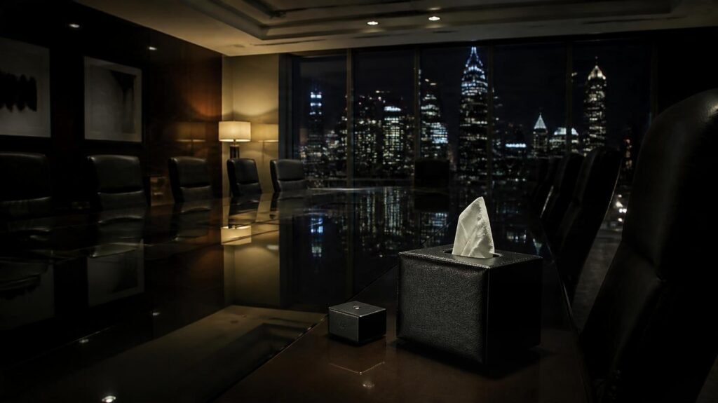 Sala de reuniones de noche con vista a la ciudad (imagen ilustrativa)