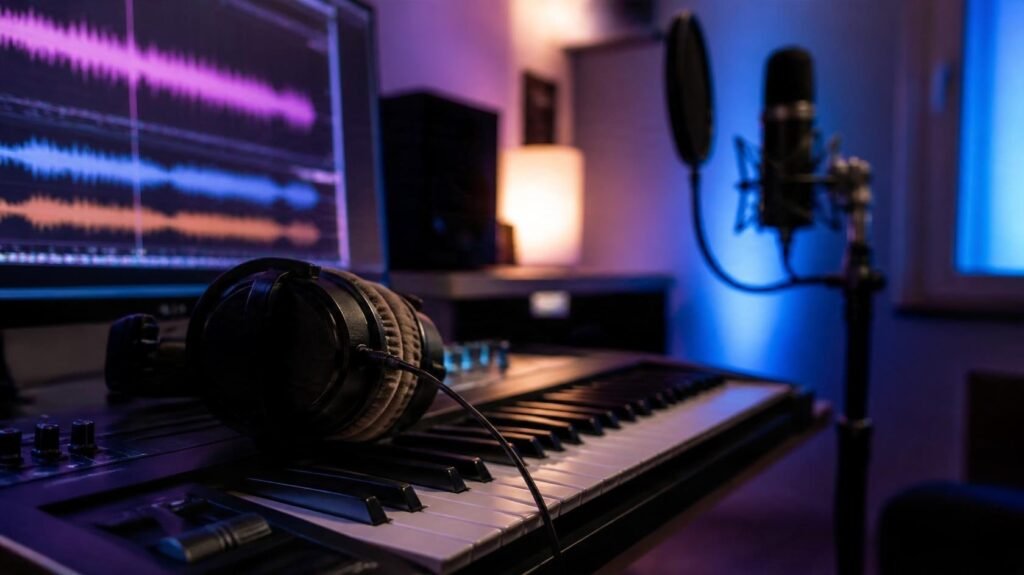 Estudio de música casero con auriculares y teclado (imagen ilustrativa)